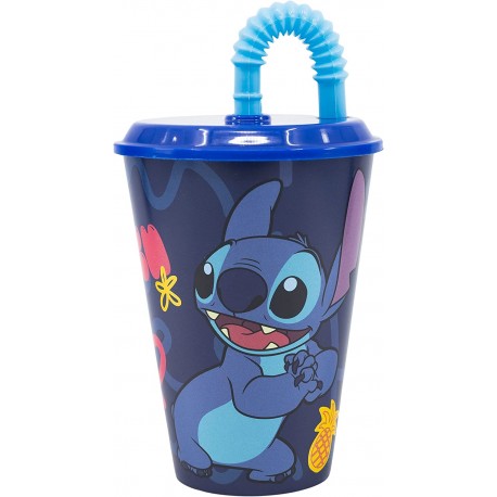 Bicchiere con Cannuccia Stitch 430ml - Ideale per Sport, Scuola e Tempo Libero dei Bambini