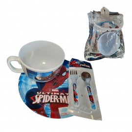 Set Pappa Spiderman in Melamina - Piatto, Tazza e Posate in Zainetto Trasparente