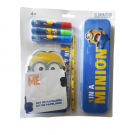 Set Cancelleria Minions - Astuccio in Latta, Matita, Righello e 3 Pennarelli Colorati