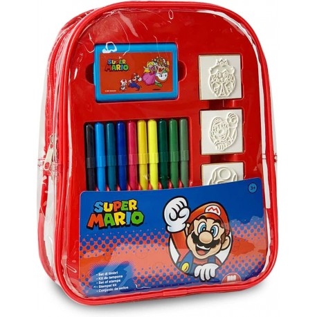 "Zaino Super Mario Bros con Pennarelli Giotto, Timbrini e Album da Colorare - Set Creativo Completo per Bambini