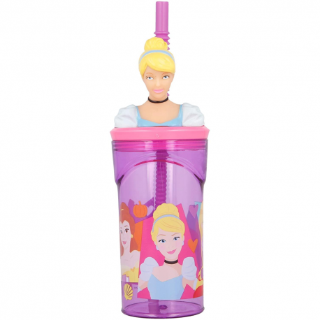 Bicchiere con Cannuccia Ripiegabile Principesse Disney, Personaggio 3D, BPA Free, 360 ml