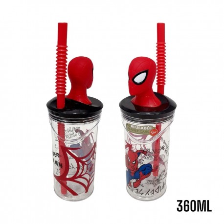 Bicchiere con Cannuccia Ripiegabile Spiderman Marvel 3D, 360 ml, BPA Free, Plastica Sicura per Bambini