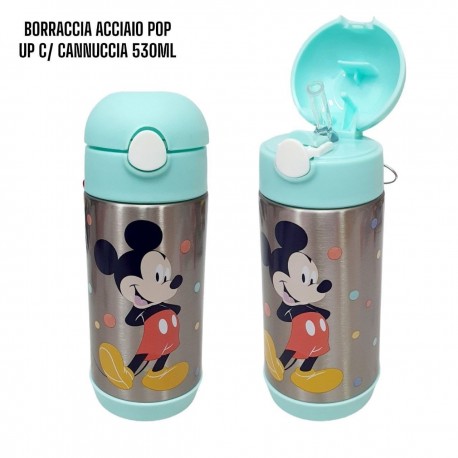  "Elegante Borraccia in Acciaio Inox Mickey Mouse Disney - Cannuccia Pop-Up - Capacità 530 ml"