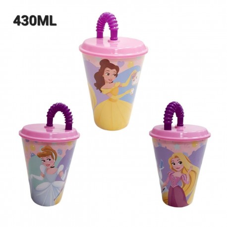 Bicchiere con Cannuccia Principesse Disney - Ariel, Cenerentola, Rapunzel - 430 ml