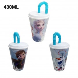 Bicchiere con Cannuccia Frozen Anna e Elsa Disney in Plastica - 430 ml