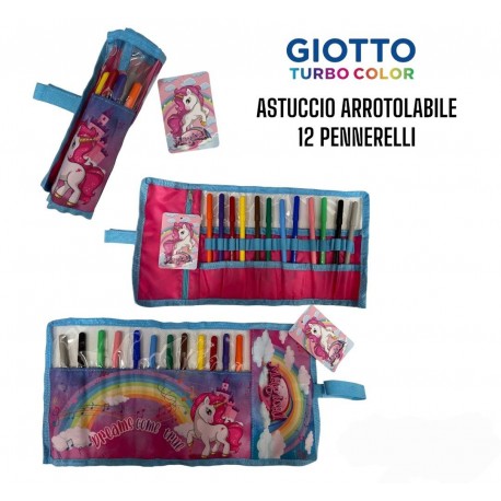  Astuccio Scuola Roll con 12 Pennarelli Giotto Unicorno Disney - Portacolori 40x20cm