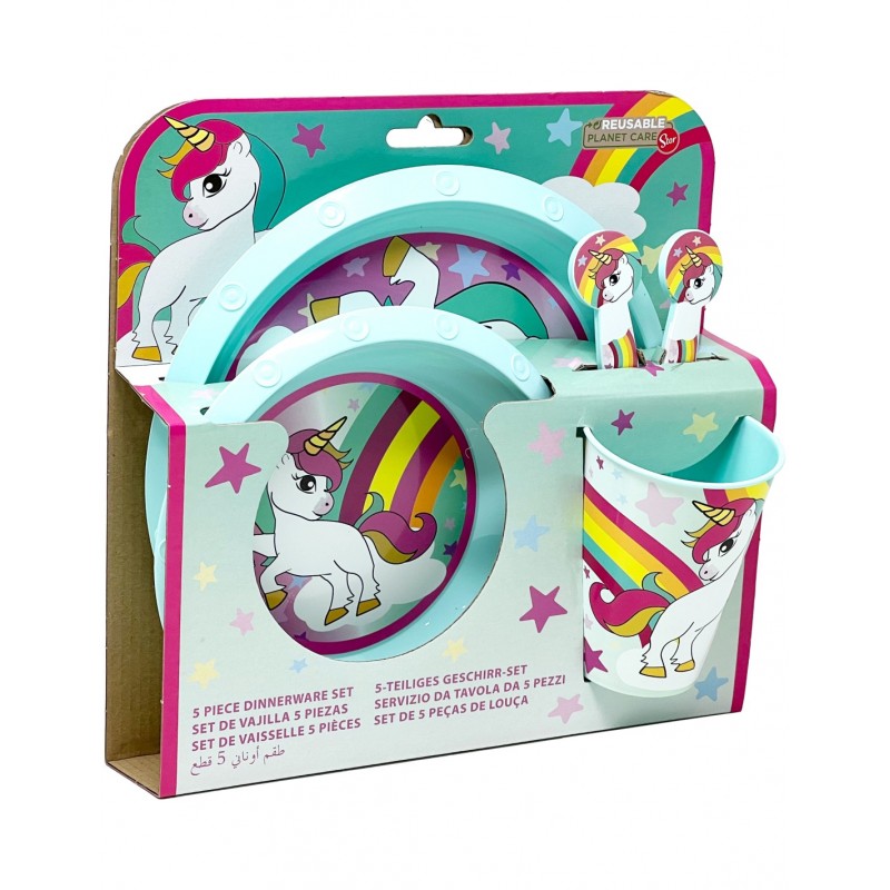 set-pappa-5-pezzi-unicorno-piatto-fondo-piano-bicchiere -posateconfezione-regalo