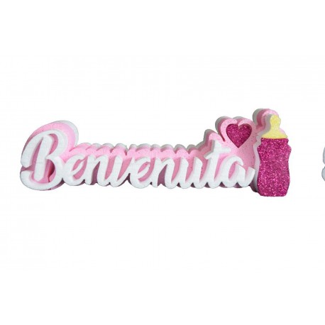 Scritta Polistirolo "Benvenuto" con Biberon e Cuore Decorativo - Centro Tavola Nascita, Dimensioni 30x12x6 cm