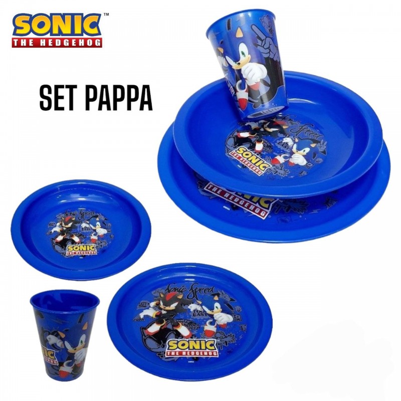 set pappa 3 pezzi sonic piatto fondo piano bicchiere per microonde  confezione regalo