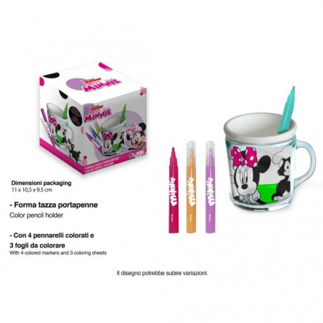  Tazza Portapenne Minnie Disney con 4 Pennarelli e Disegni da Colorare - Set Creativo per Bambini"