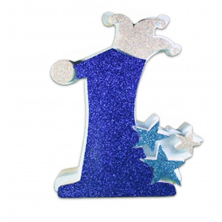 Numero Uno in Polistirolo Glitterato con Stella e Cappello - Centro Tavola Primo Compleanno Blu, 26x16x6 cm 