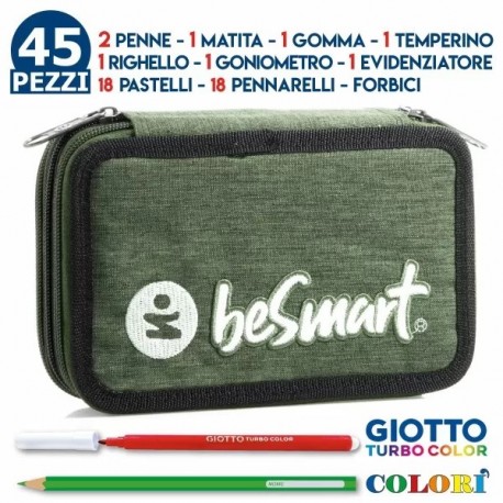 Astuccio Scuola Tre Zip Triplo York Verde Oliva Chiaro BeSmart Giotto Completo 45 PZ