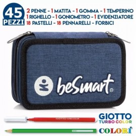 Astuccio Scuola Tre Zip Triplo York Verde Oliva Chiaro BeSmart Giotto Completo 45 PZ