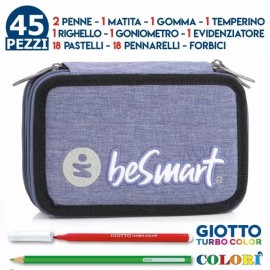 Astuccio Scuola Tre Zip Triplo York Verde Oliva Chiaro BeSmart Giotto Completo 45 PZ