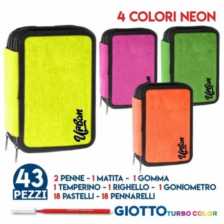 Astuccio Scuola Triplo Tre Zip Giotto Urban Colori Neon - Set Completo 45 Pezzi per Medie e Superiori