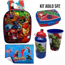 Set Scuola Asilo Avengers Marvel 5 Pezzi - Zaino, Tovaglietta, Porta Merenda, Bicchiere e Borraccia