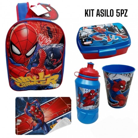 Set Scuola Asilo Completo Spiderman Zainetto Porta Merenda Tovaglietta Borraccia Tombolino