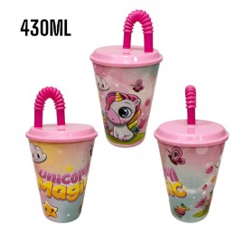 Bicchiere con Cannuccia Unicorno Disney in Plastica - 430 ml