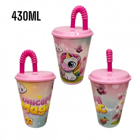 Bicchiere con Cannuccia Unicorno Disney in Plastica - 430 ml