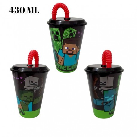 Bicchiere con Cannuccia Minecraft in Plastica - 430 ml