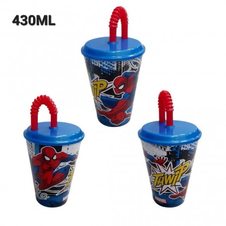 Bicchiere con Cannuccia Spiderman Marvel in Plastica 430 ml