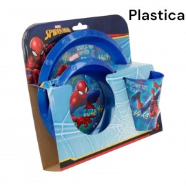 SET PAPPA 3 PEZZI SPIDERMAN MARVEL PIATTO FONDO PIANO BICCHIERE PER MICROONDE