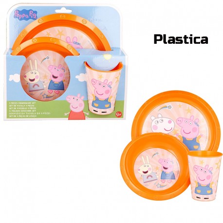 Set Pappa Plastica 3 Pezzi Peppa Pig - Piatto Fondo, Piatto Piano e Bicchiere