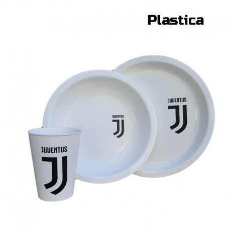 SET PAPPA 3 PEZZI JUVENTUS BIANCONERI PIATTO FONDO PIANO BICCHIERE CONFEZIONE REGALO -