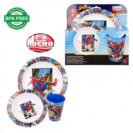 SET PAPPA 3 PEZZI SPIDERMAN MARVEL PIATTO FONDO PIANO BICCHIERE PER MICROONDE CONFEZIONE REGALO