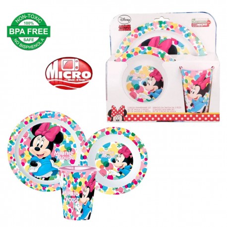 Set Pappa Per Microonde 3 Pezzi Minnie Piatto Fondo Piano Piano Bicchiere Disney Bambina