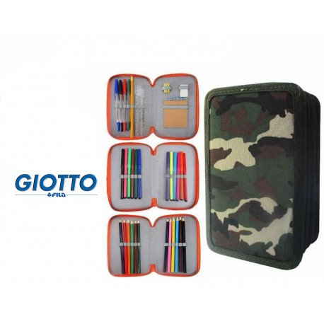 Astuccio Scuola Mimetico 3 Zip con 33 Pezzi - Completo di Colori Giotto per Medie e Superiori