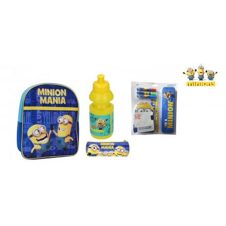 Kit Scuola Minions: Zaino Asilo, Borraccia, Tombolino Porta Colori e Set Cancelleria - Completo