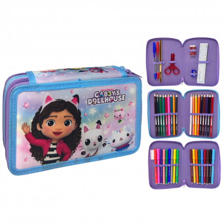 Astuccio Multiscomparto 3 Zip Gabby's Dollhouse con Portacolori Giotto - Perfetto per la Scuola!