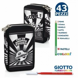 Astuccio 3 Zip Scuola Multiscomparto Bianconero per Grandi Tifosi - Completo di Portacolori Giotto