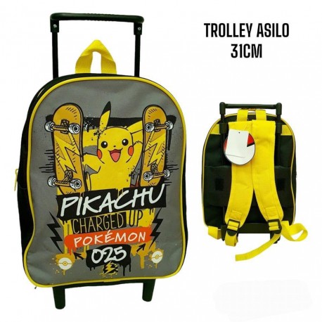 Zaino Asilo Trolley POKEMON- PIKACHU - Borsa Scuola con Manico Allungabile, Zainetto per Bambin