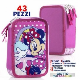 Astuccio Scuola Minnie Disney a Tre Piani con 43 Pezzi - Interno Completo con Colori Giotto