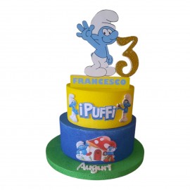 Torta Compleanno Polistirolo Scenografica I Puffi  - Personalizzabile con Nome e Numero feste Bambini"