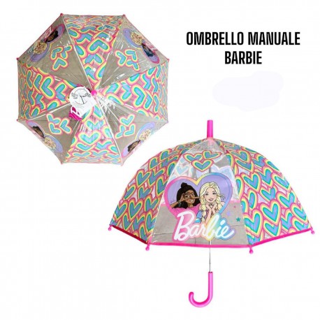 Ombrello Trasparente Barbie per Bambina 60 cm in PVC e Fibra di Vetro, Apertura Manuale di Sicurezza - Fucsia e Giallo