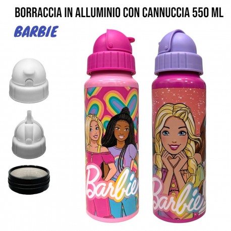 "Borraccia in Alluminio da 550 ml con Cannuccia e Tappo a Scomparsa - Decorata con Barbie - Ideale per Scuola e Tempo Libero"