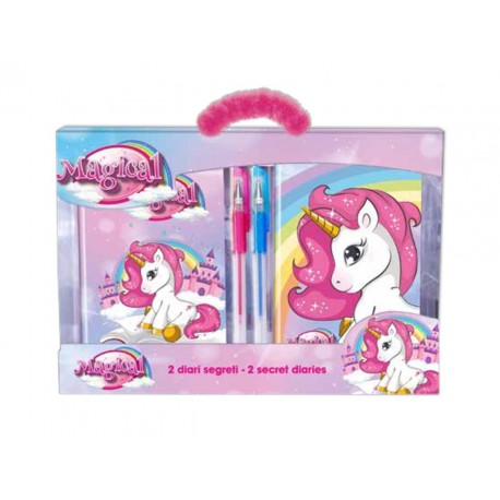 Set Diario Segreto Unicorno Disney con Lucchetto per Bambina - 2 Diari + Penne Glitter in Valigetta Pelliccia Sintetica