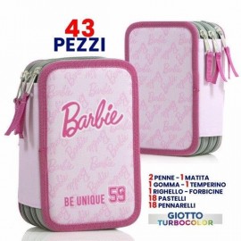 Astuccio Scuola di Barbie con 3 Zip - Completo di Pennarelli Giotto, Penna e Pastelli - 44 Pezzi