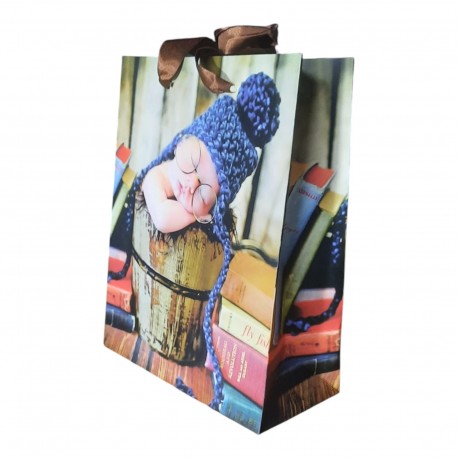 Shopper di Carta con Manico, Design "Bimbo che Dorme" - Sacchetto Regalo 23x8.5x18 cm, Ideale per Compleanni e Nascit