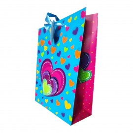 Buste Regalo in Carta Rigida con Cuore Multicolore e Fondo Azzurro Glitter 3D – Con Chiudi Pacco – 23x18 cm