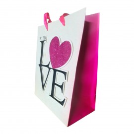 Buste Regalo in Carta Rigida con Scritta "Love" e Cuore Rosso Glitter 3D - Con Chiudi Pacco - 23x18 cm