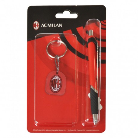 Set Regalo Milan: Penna e Portachiavi in Metallo con Logo Ufficiale, Confezione Elegante