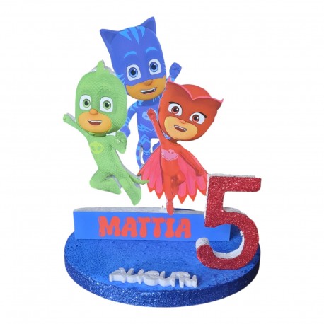 Sagoma in Polistirolo PJ Masks Gufetta, Geco e Gattoboy con Nome e Numero Personalizzati - Decorazione per Compleanno