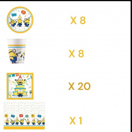 Coordinato Tavolo Minions per Feste Bambini | Kit Completo da 8 a 40 Invitati con Piatti, Bicchieri, Tovaglioli e Tovaglia