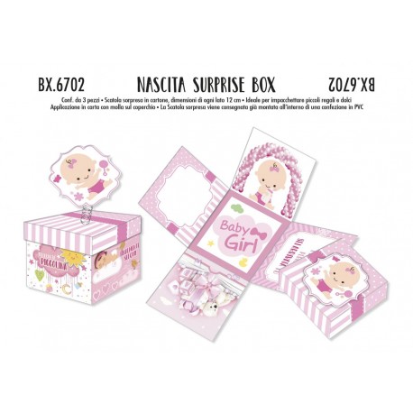 Scatola Surprise Box Rosa con Biglietto Augurale per Nascita - Confezione da 3 Pz, Ideale per Piccoli Regali o Dolci