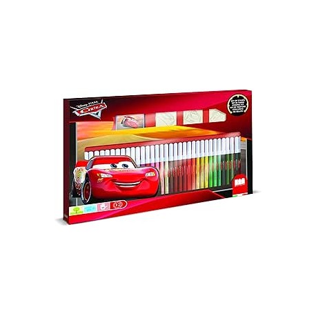 Set 3 Timbri in Legno per Bambini e 36 Pennarelli Lavabili Disney Cars, Kit Creativo con Activity Book, Atossico e Sicuro