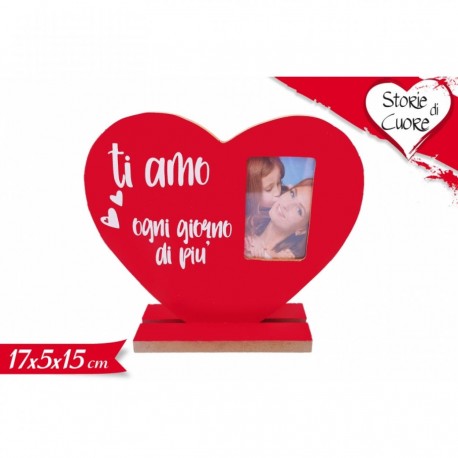 Portafoto a Cuore Rosso "Ti Amo Ogni Giorno di Più", in Legno 20x13 cm - Idea Regalo